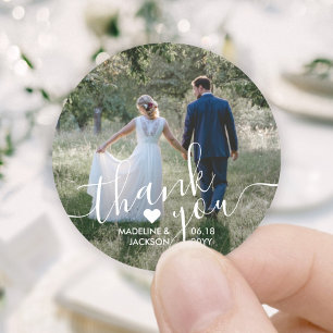 Sticker Rond Mariage Photo & Elegant Merci de script blanc