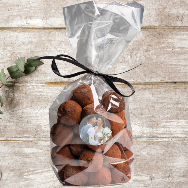 Sticker Rond Mariage Photo Gold Typographie Merci (Wedding Favor)