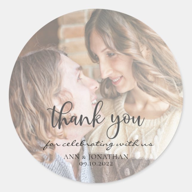Sticker Rond Mariage photo moderne Faux Vellum Merci (Devant)