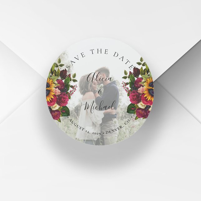 Sticker Rond Mariage photo rose de tournesols rustiques enregis (Créateur téléchargé)