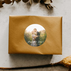 Sticker Rond Mariage Photo Script Whimsical Moderne at Zazzle