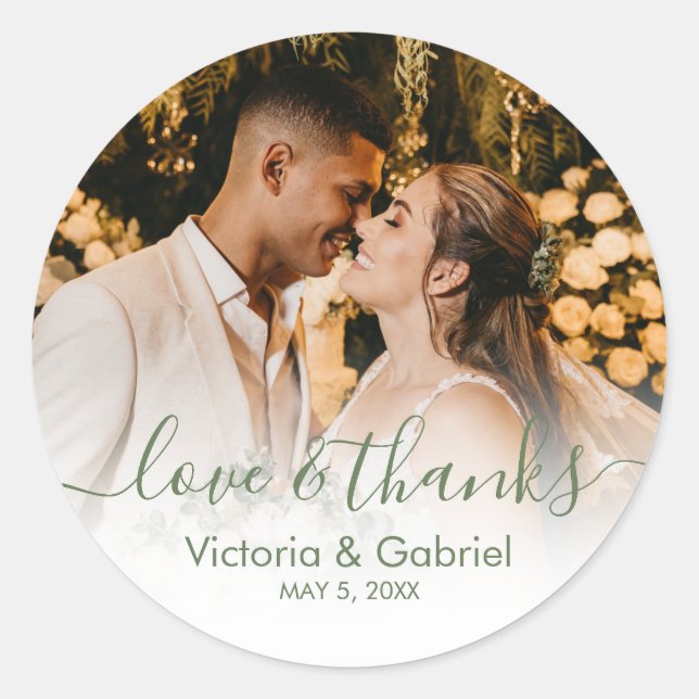 Sticker Rond Mariage Photo Vert Blanc Script Photo Merci (Devant)