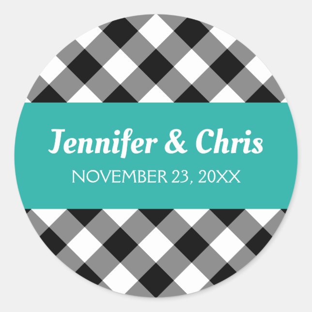 Sticker Rond Mariage Plaid à Buffalo noir et blanc Turquoise (Devant)