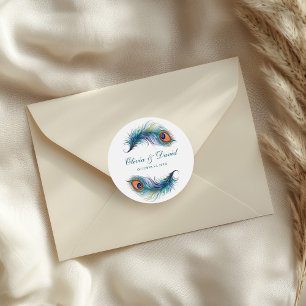 Sticker Rond Mariage Plume de Paon Sarcelle