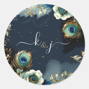 Sticker Rond Mariage Plumes de Paon Céleste