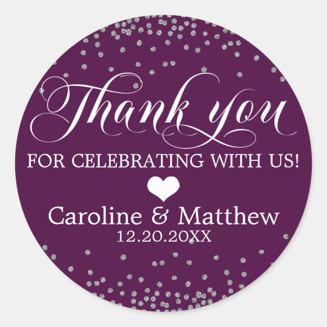 Sticker Rond Mariage Purple Sprinkle MERCI en argent (Devant)