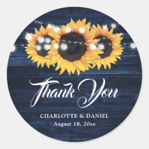 Sticker Rond Mariage Remerciement Tournesol Rustique Bleu Marin
