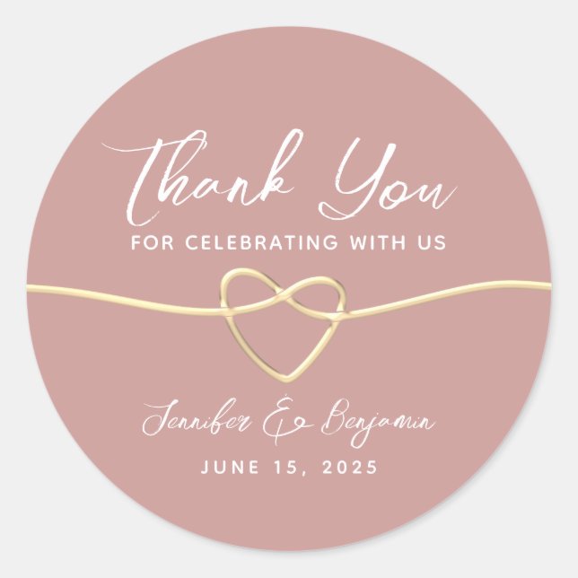 Sticker Rond Mariage Remerciements Cœur en Or Rose Poussiéreux (Devant)