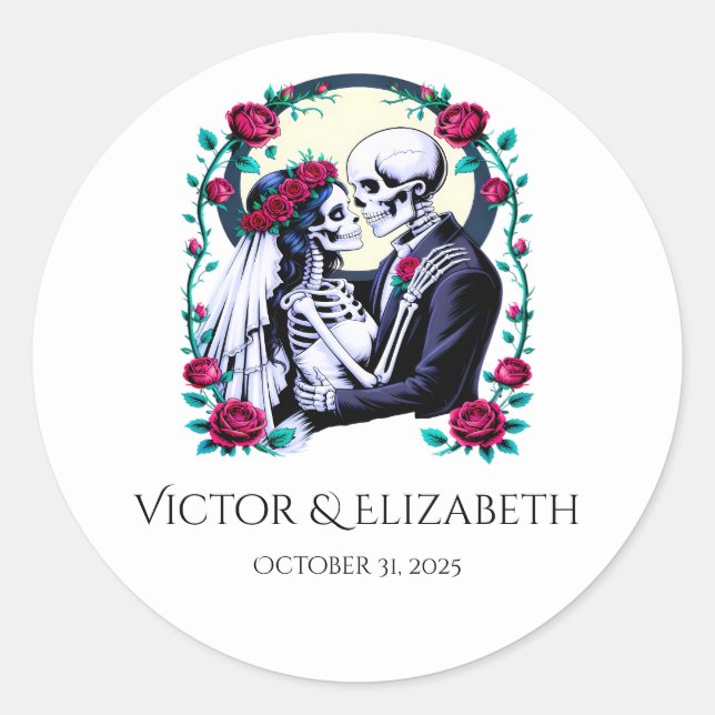 Sticker Rond Mariage romantique de squelette et mariée (Devant)