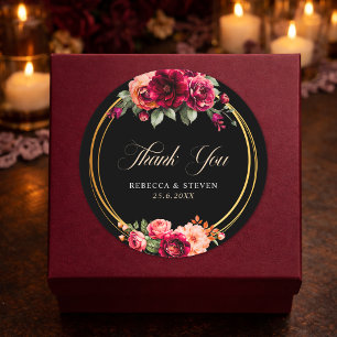 Sticker Rond Mariage romantique élégant floral rouge noir d'amb