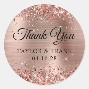 Sticker Rond Mariage Rose d'or Glitter  Merci