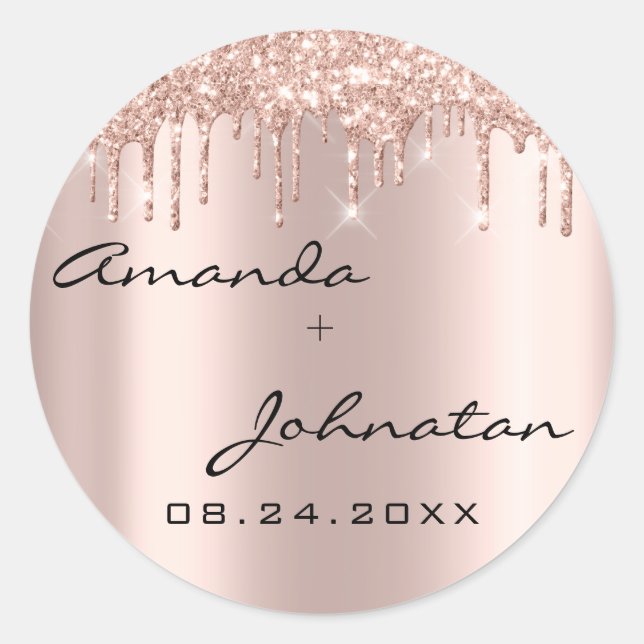 Sticker Rond Mariage Rose Drips Nom Date Noir (Devant)