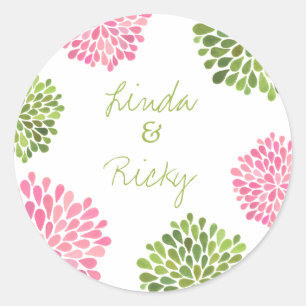 Sticker rond Mariage rose et vert Dahlia