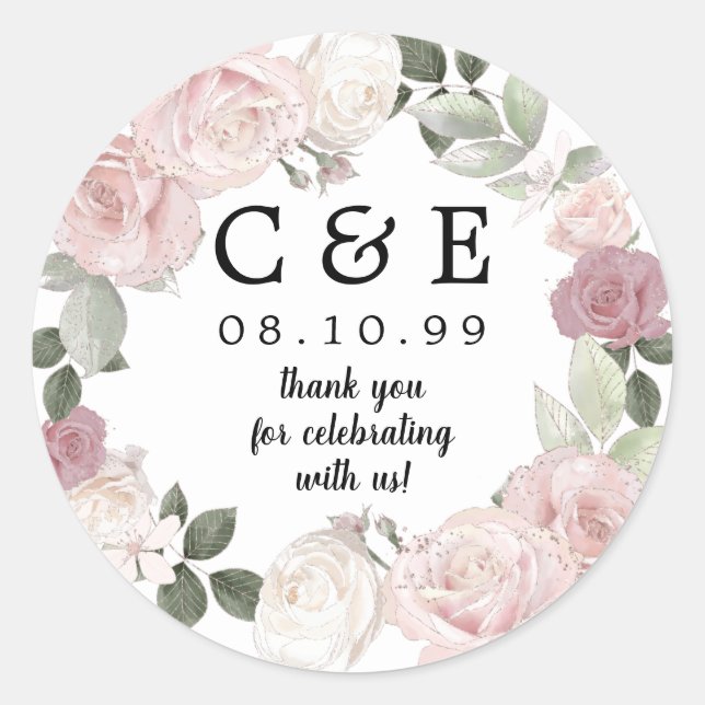 Sticker Rond Mariage rose Floral Monogramme Merci  (Devant)