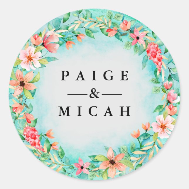 Sticker Rond Mariage rose Floral Nom de couple Botanique (Devant)