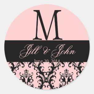 Sticker Rond Mariage rose noir Monogramme Enregistrer Date Dama