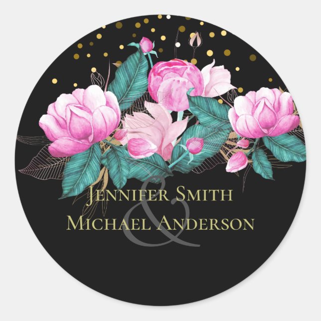 Sticker Rond Mariage Rose Noir Or Féminin Élégant (Devant)
