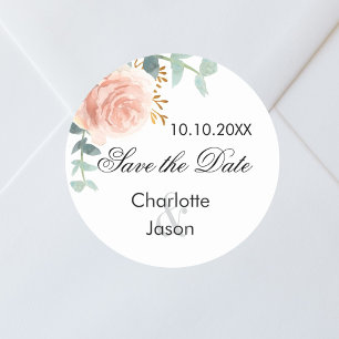 Sticker Rond mariage rose or rose floral enregistrer la date