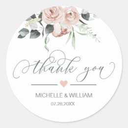 Sticker Rond Mariage Rose poussiéreux Merci fleuri 