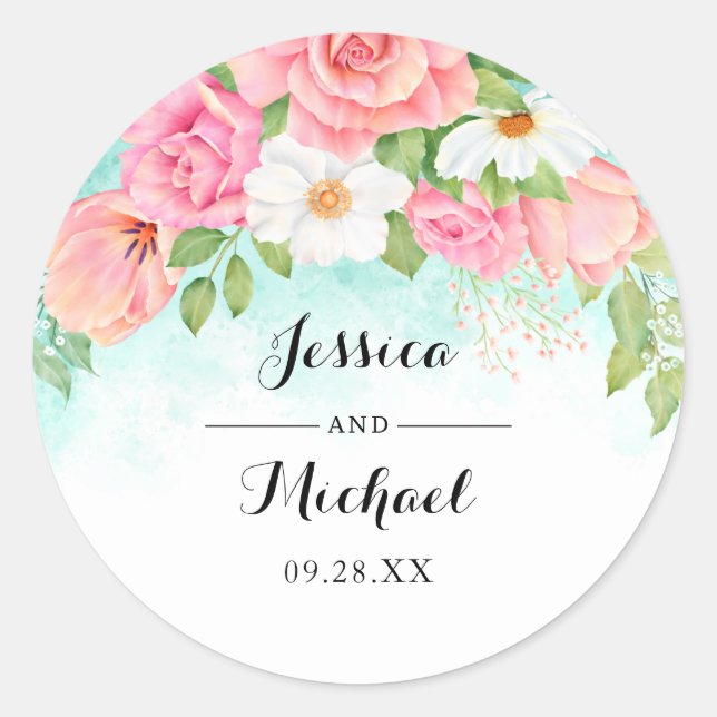 Sticker Rond Mariage Rose rose Turquoise Riche Floral (Devant)