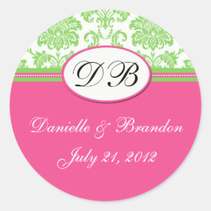 Sticker Rond Mariage rose vert Monogramme Damask Sceau