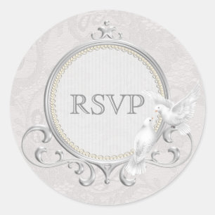 Sticker Rond Mariage RSVP White Doves & Paisley Lace