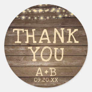 Sticker Rond Mariage Rustic Wood Lights Initiales Date MERCI