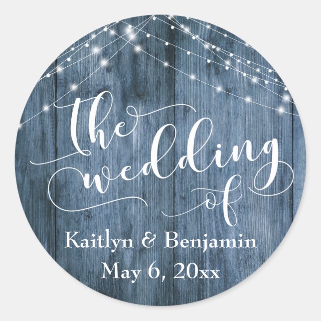 Sticker Rond Mariage Rustique Bleu Bois & Blanc Lumière Chaînes (Devant)