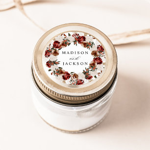 Sticker Rond Mariage Rustique Bourguignon et Roses Ivoire