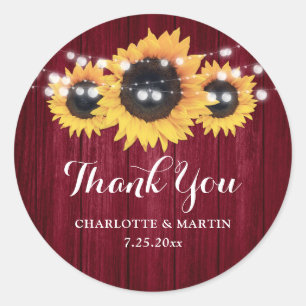 Sticker Rond Mariage Rustique Burgundy Sunflower Bois Favoriser