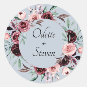 Sticker Rond Mariage Rustique Fleurs Bleu Poussiéreux et Bourgu