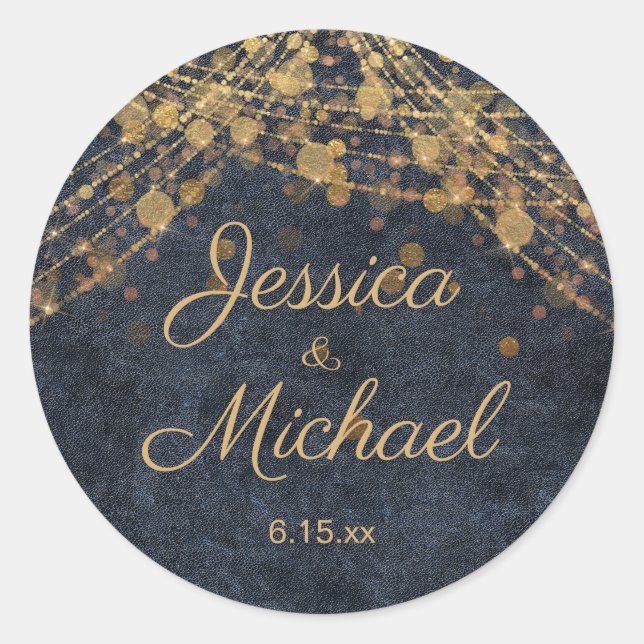 Sticker Rond Mariage Rustique Glam Bleu Nuit Or Script (Devant)