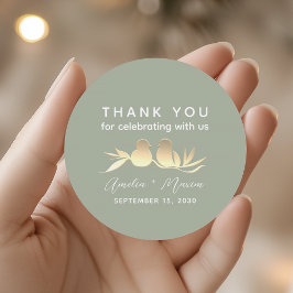 Sticker Rond Mariage Sage Green Gold Lovebirds