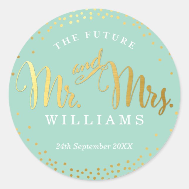 Sticker Rond MARIAGE SEAL élégant mini confetti menthe or (Devant)