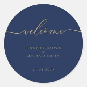 Sticker Rond Mariage Simple Navy Gold Script Welcome