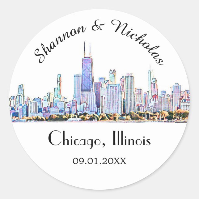 Sticker Rond Mariage Skyline de Chicago personnalisé (Devant)
