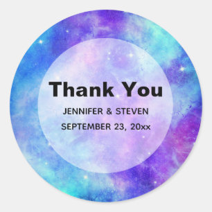 Sticker Rond Mariage spatial violet et bleu Galaxy Merci