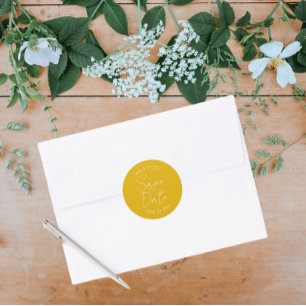 Sticker Rond Mariage stylisé jaune doré Enregistrer la date