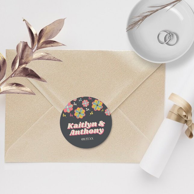 Sticker Rond Mariage Super rétro de la puissance 70 (Créateur téléchargé)