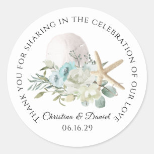 Sticker Rond Mariage sur la Plage Remerciements Fleur et Étoile