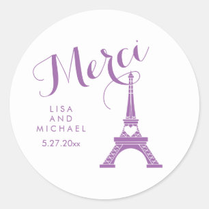 Sticker Rond Mariage Tour Eiffel Paris violet et blanc Merci