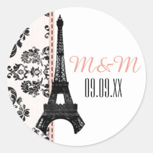 Sticker Rond Mariage Tour Eiffel rose monogramme Damask