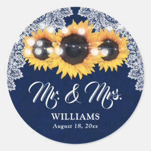 Sticker Rond Mariage Tournesol Mr et Mrs Toile de Jute Dentelle
