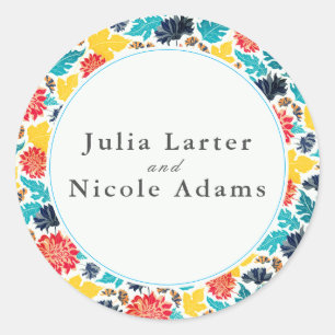 Sticker Rond Mariage Tournesols Aquarelle Jaune Bleu Naturel