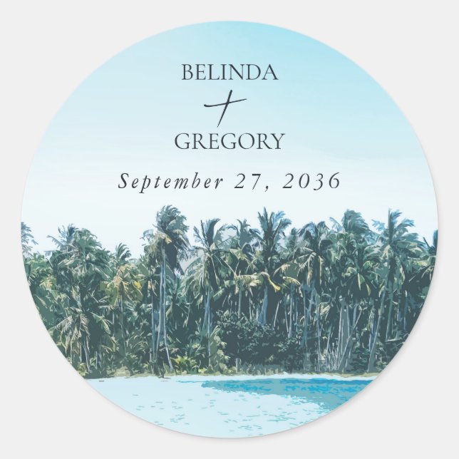 Sticker Rond Mariage tropical à l'aquarelle Palmiers & Plage (Devant)