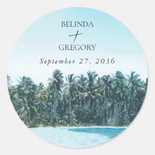 Sticker Rond Mariage tropical à l'aquarelle Palmiers & Plage