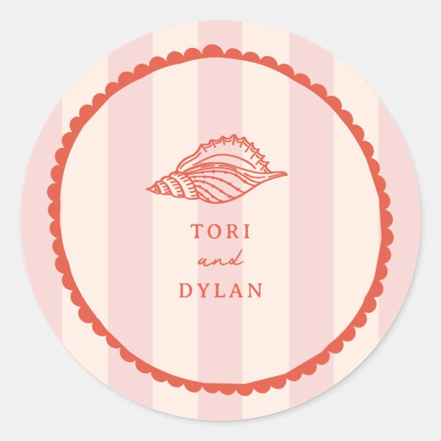 Sticker Rond Mariage Tropical à Rayures Rose Coquillage (Devant)
