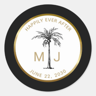 Sticker Rond Mariage Tropical Élégant Palmier Or Monogramme