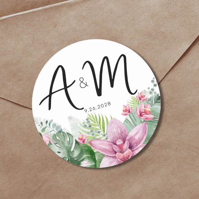 Sticker Rond Mariage Tropical Fleurs (Watercolor Floral Palm Tropical Wedding Monogram Classic Round Sticker)