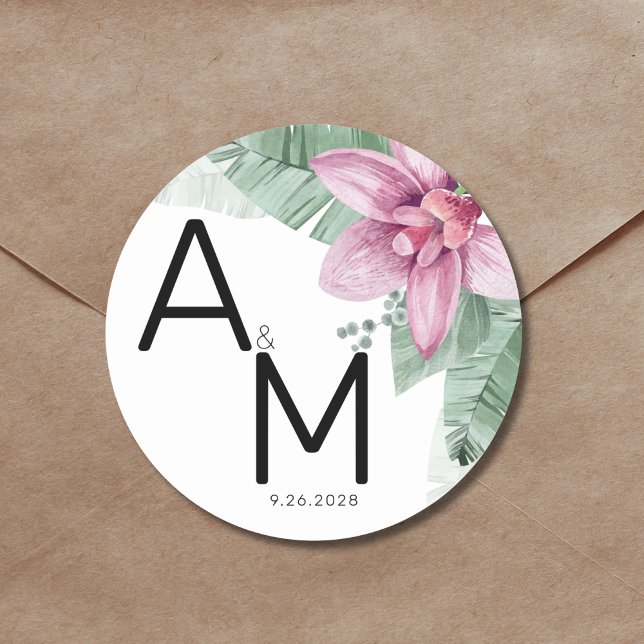Sticker Rond Mariage Tropical Fleurs Modernes (Modern Watercolor Floral Tropical Wedding Monogram Classic Round Sticker)